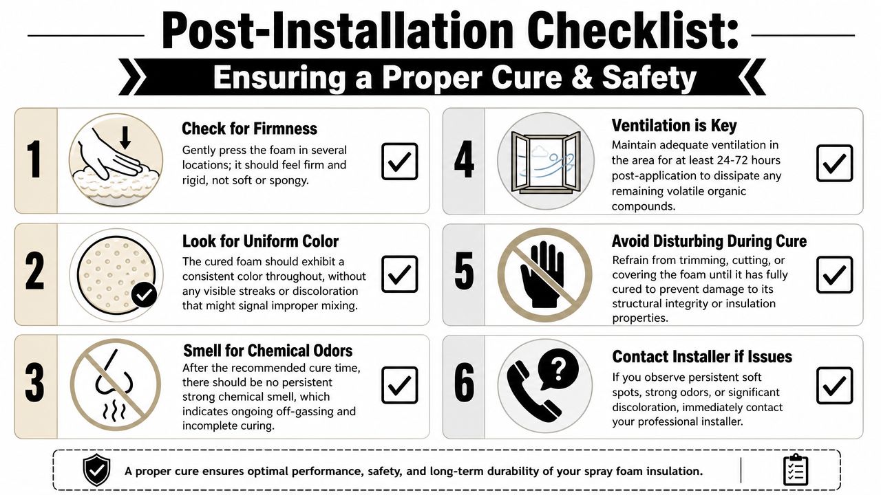 A six-step post-installation checklist infographic for ensuring proper cure and safety of spray foam insulation.
