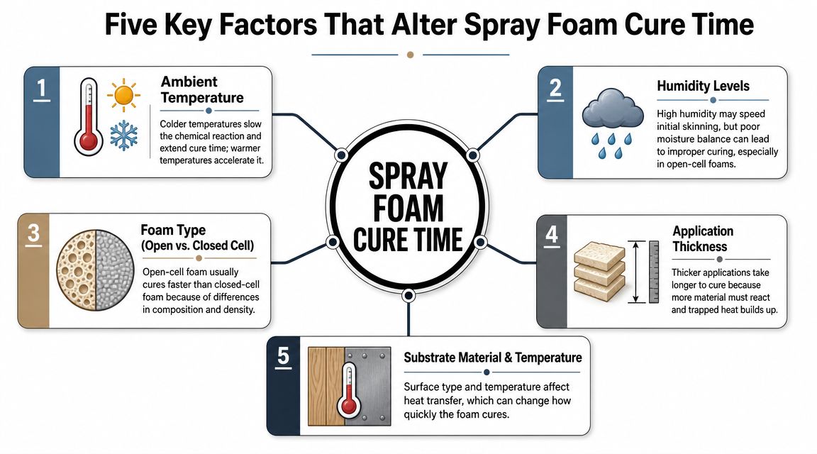 An infographic titled Five Key Factors That Alter Spray Foam Cure Time, illustrating environmental and material variables.