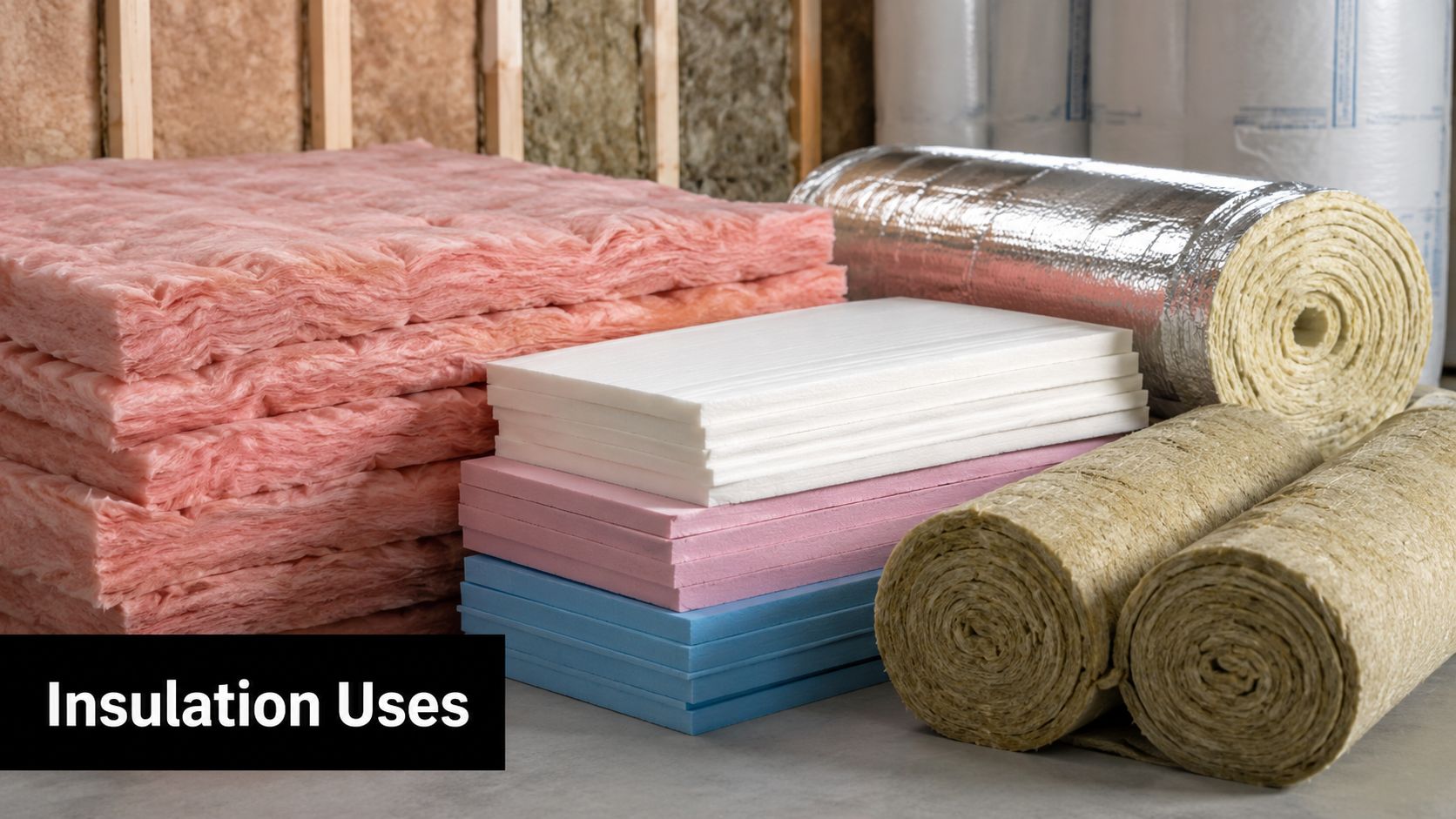 A variety of building insulation materials, including pink fiberglass batts, rigid foam boards, and mineral wool rolls.