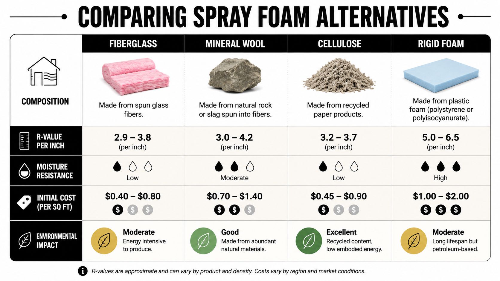 A comparison chart outlining the R-value, moisture resistance, cost, and environmental impact of four spray foam alternatives.