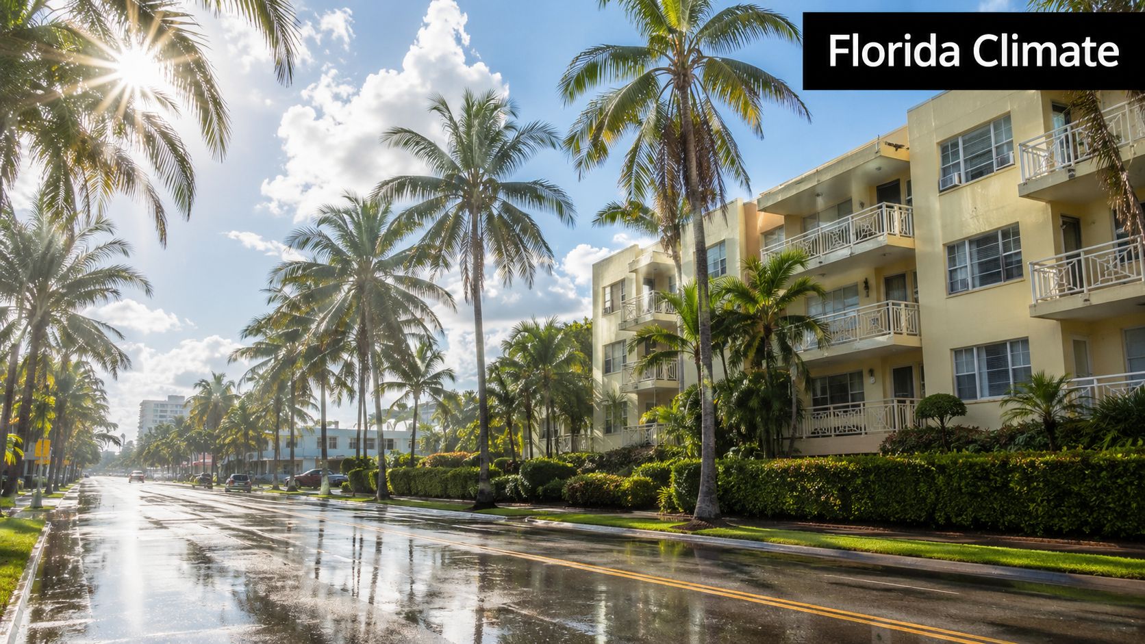 A sunlit palm-lined street in Florida with a yellow multi-story apartment complex under a blue sky.