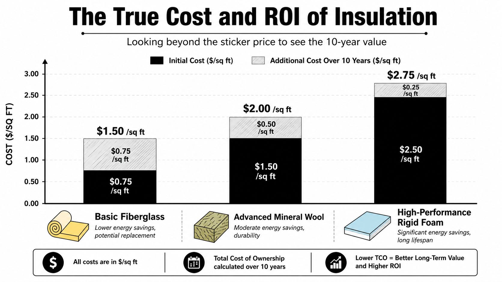 A bar chart comparing the 10-year total cost of ownership for fiberglass, mineral wool, and rigid foam insulation.