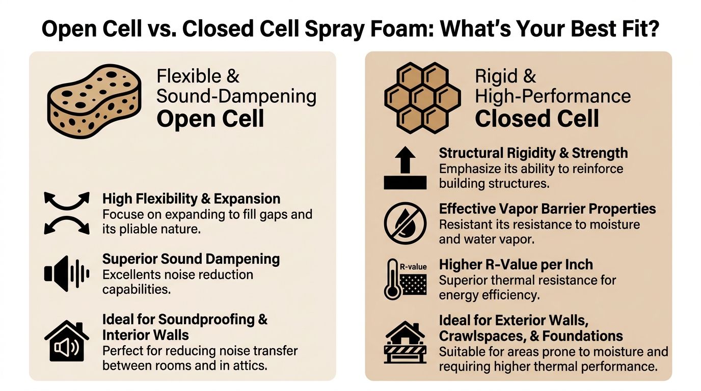 A comparison chart highlighting the key differences and ideal applications for open cell and closed cell spray foam.