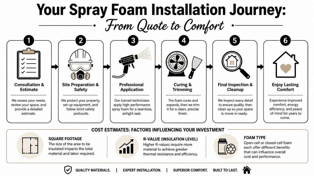A six-step infographic detailing the professional spray foam insulation installation process from consultation to final comfort.