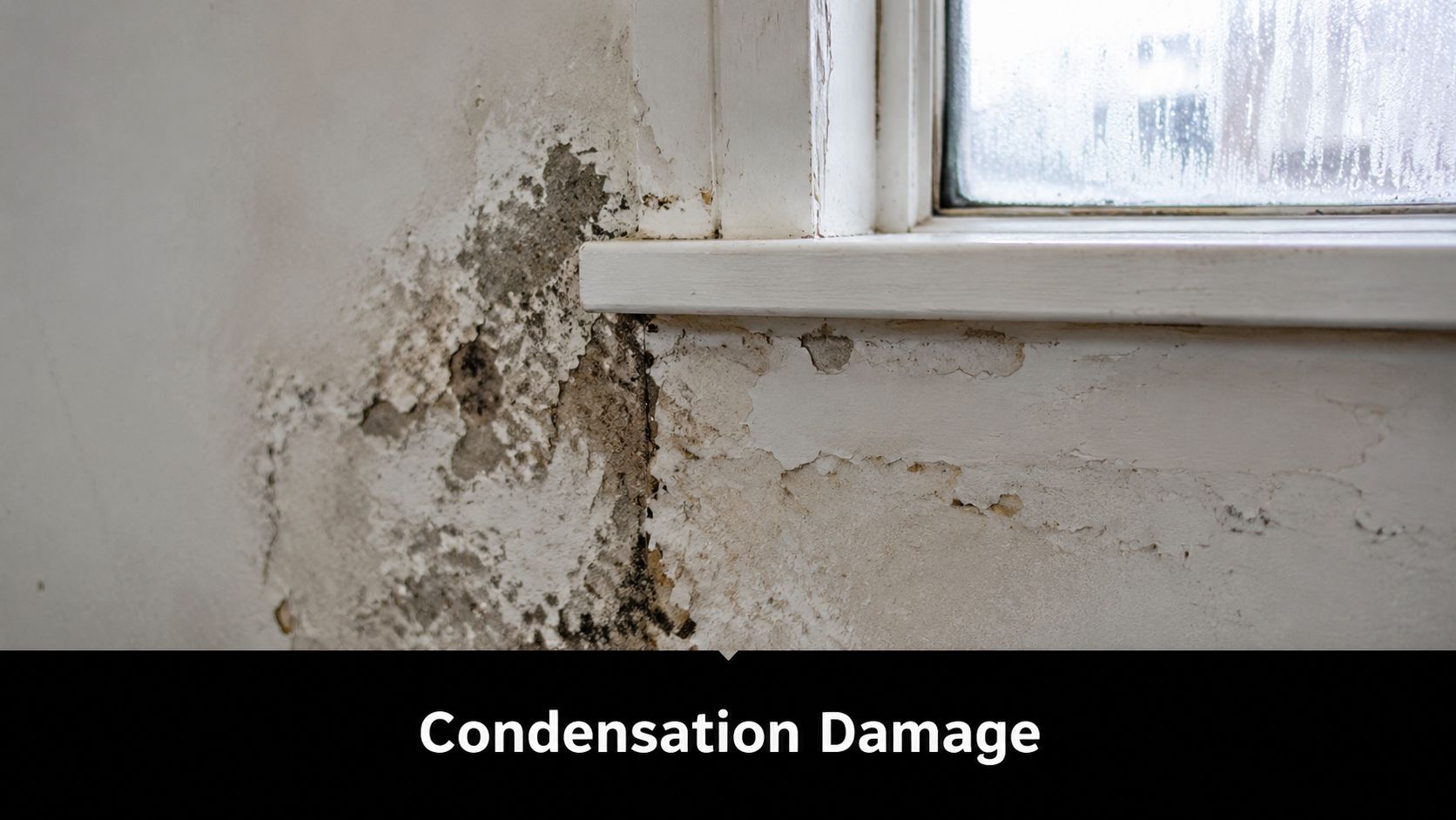 A section of an indoor wall showing severe paint peeling and dark mold caused by condensation damage.