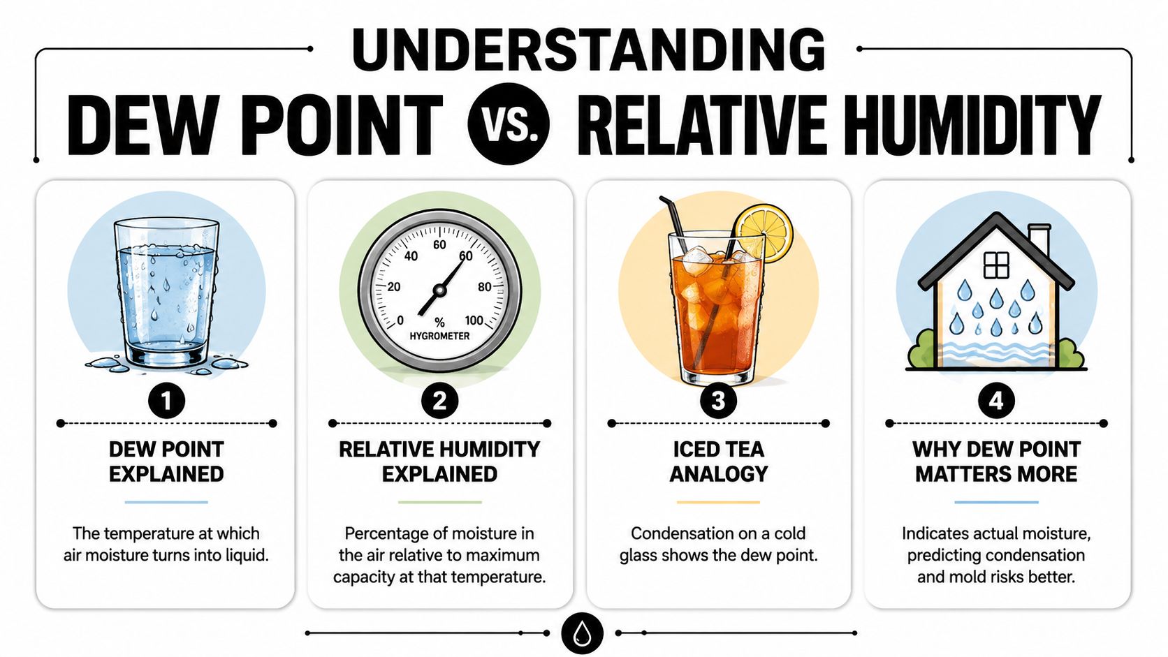 An infographic comparing dew point and relative humidity with illustrations of condensation and a hygrometer.