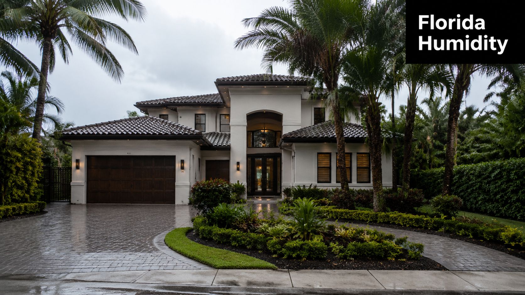 A luxurious modern two-story villa with a wet driveway and lush tropical landscaping under a cloudy sky.