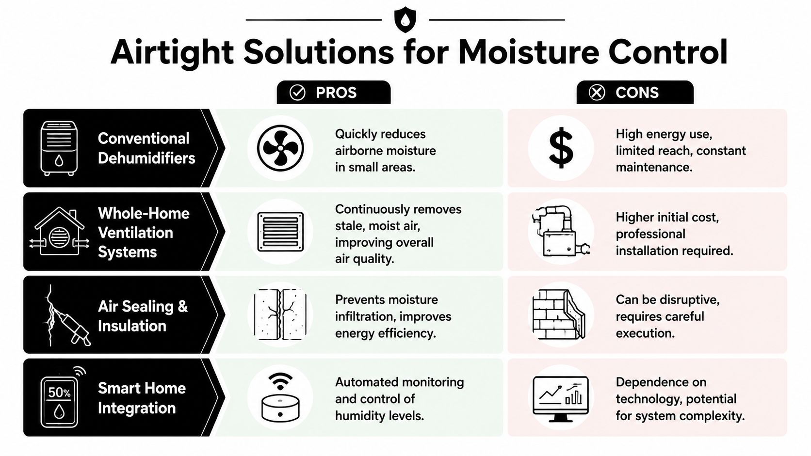 A comparison chart outlining the pros and cons of four different airtight solutions for moisture control.