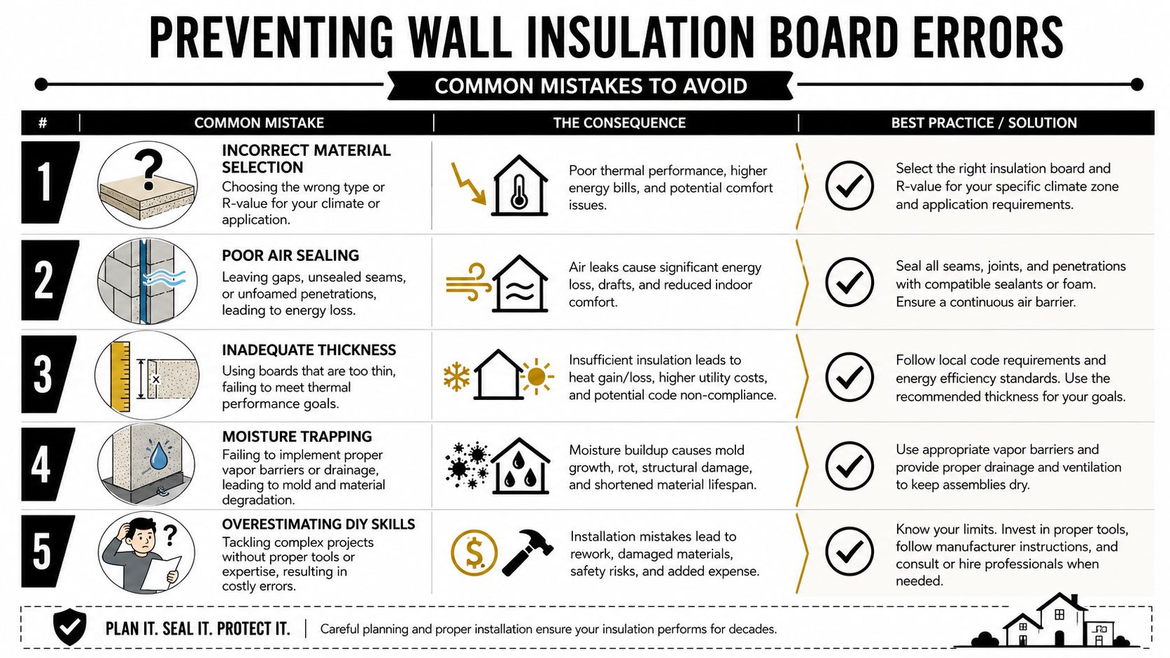 An infographic showing five common mistakes to avoid when installing wall insulation board for optimal performance.