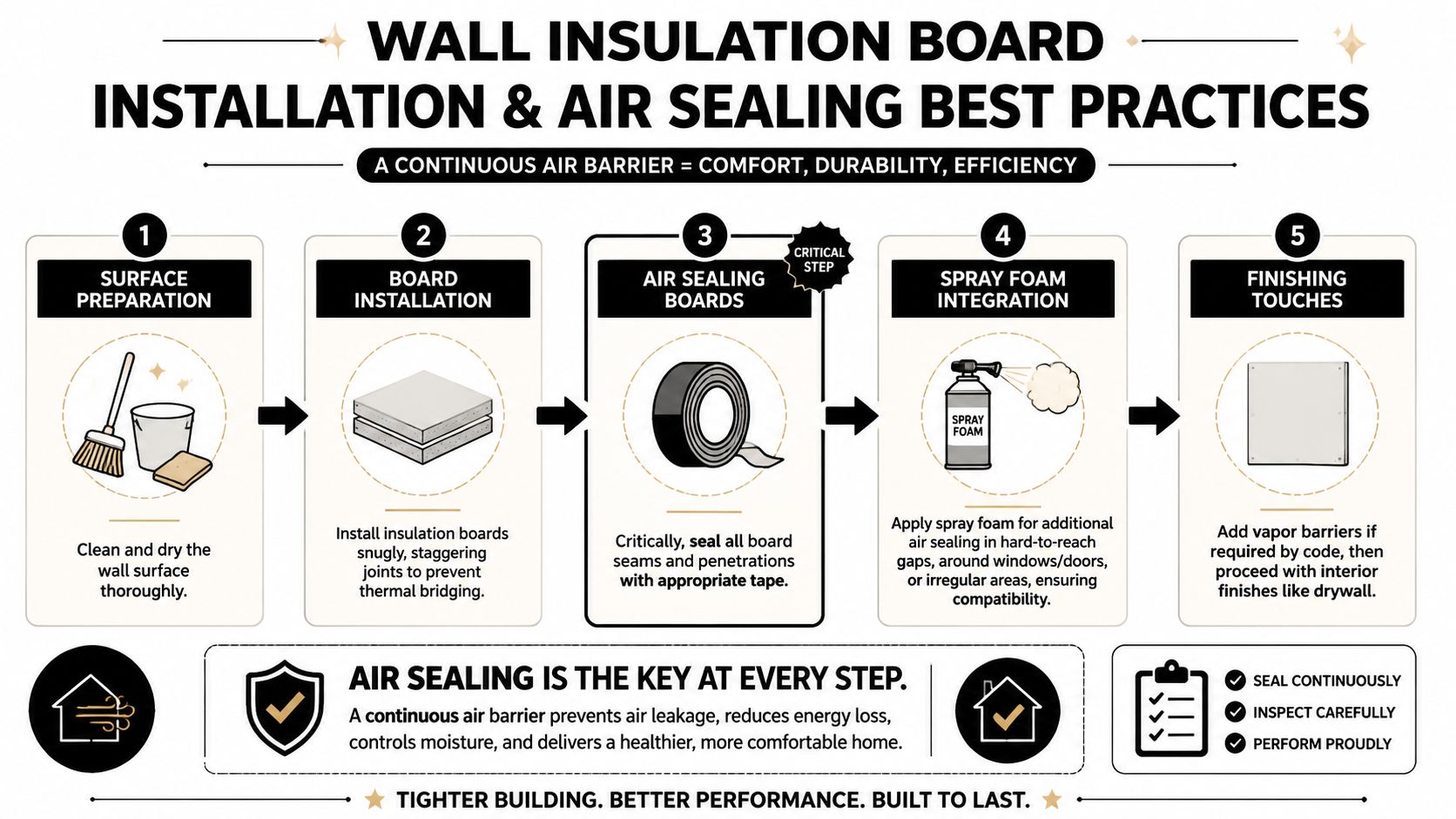 A step-by-step infographic illustrating best practices for installing and air sealing wall insulation boards effectively.