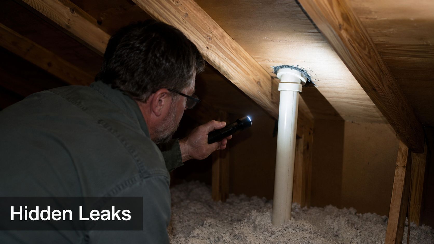 A professional home inspector using a flashlight to examine attic plumbing for potential hidden water leaks.