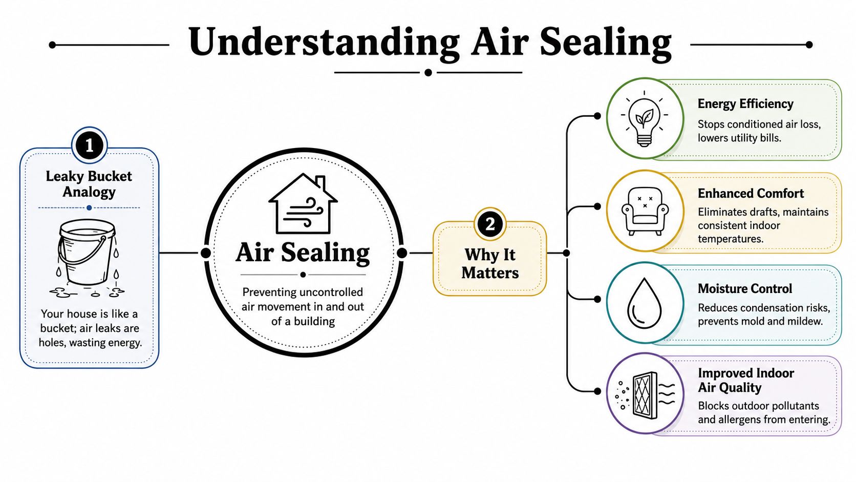An infographic explaining air sealing with a leaky bucket analogy and four benefits for home performance.