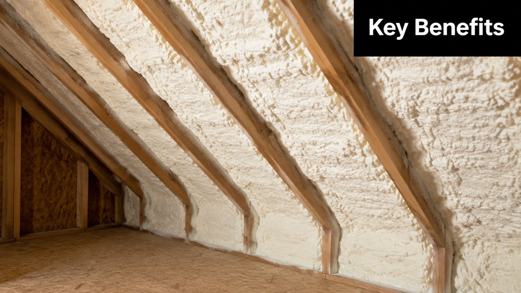 A low-angle view of a wooden attic ceiling insulated with white closed-cell spray foam insulation.