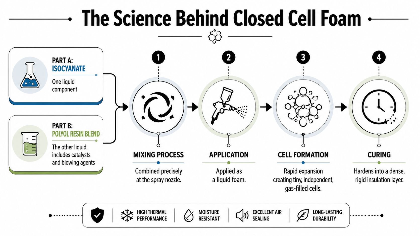A step-by-step diagram illustrating the scientific process of how closed-cell spray foam insulation is created.