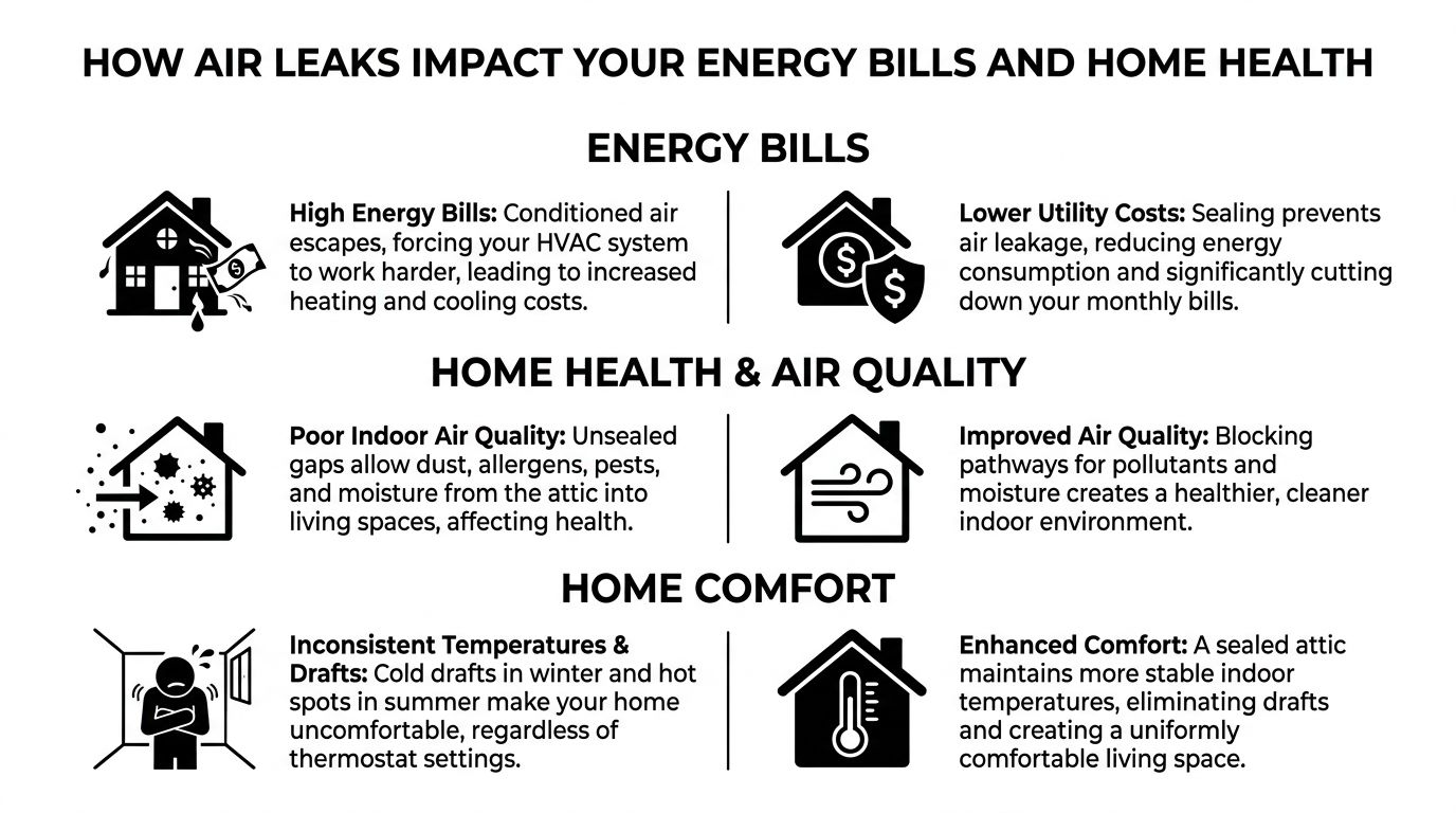 An infographic illustrating how attic air leaks affect energy bills, home health, and overall comfort.