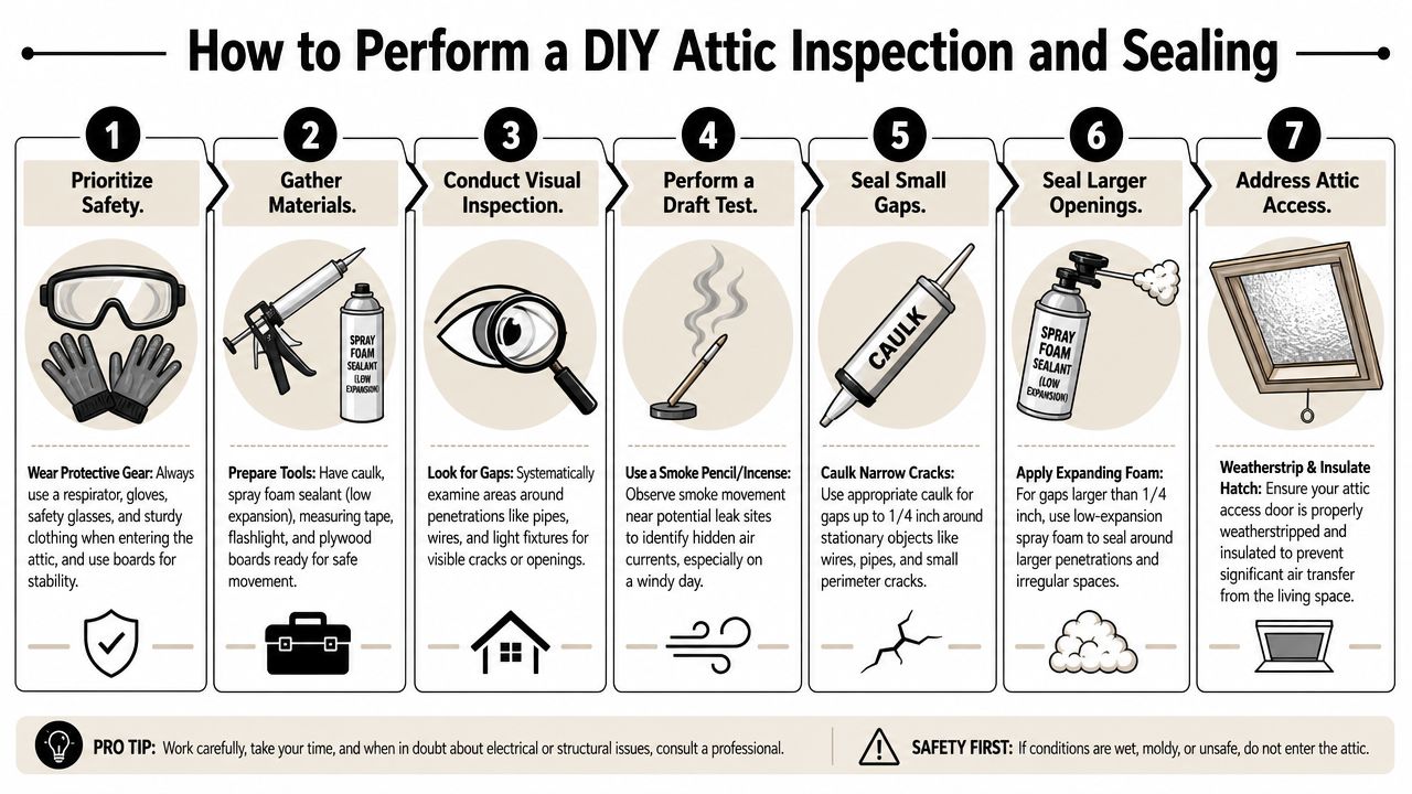 A seven step infographic guide detailing how to perform a DIY attic inspection and air sealing project.