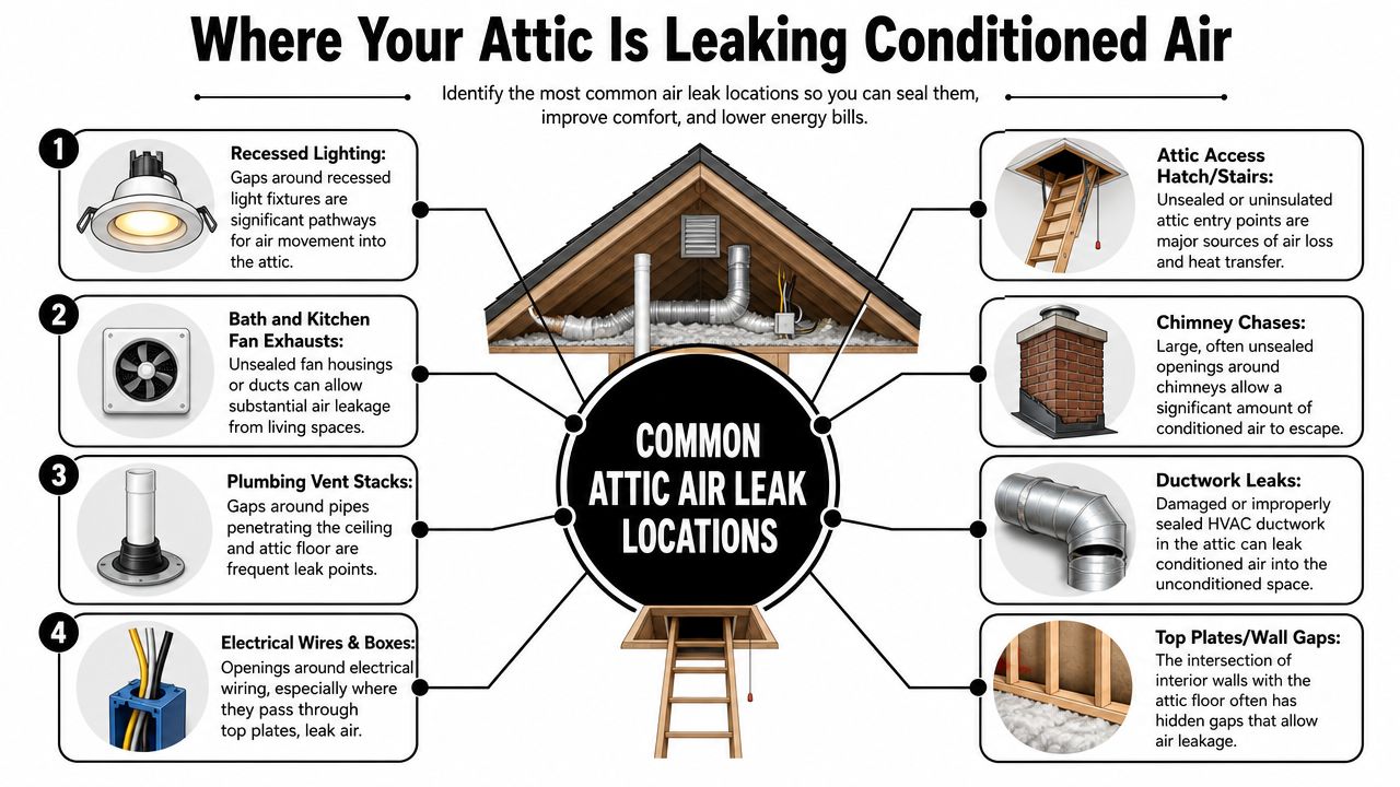 An infographic showing eight common locations in an attic where conditioned air leaks out of a home.