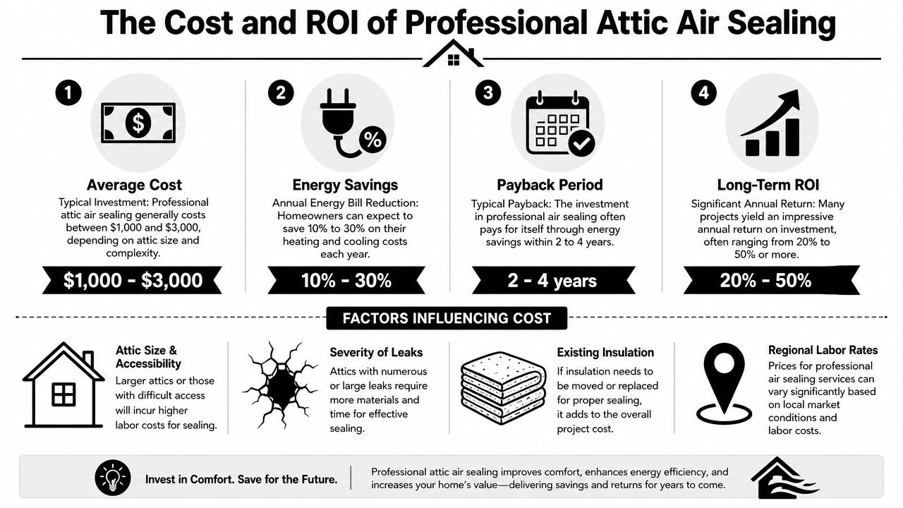 An infographic detailing the average cost, energy savings, payback period, and return on investment for attic air sealing.