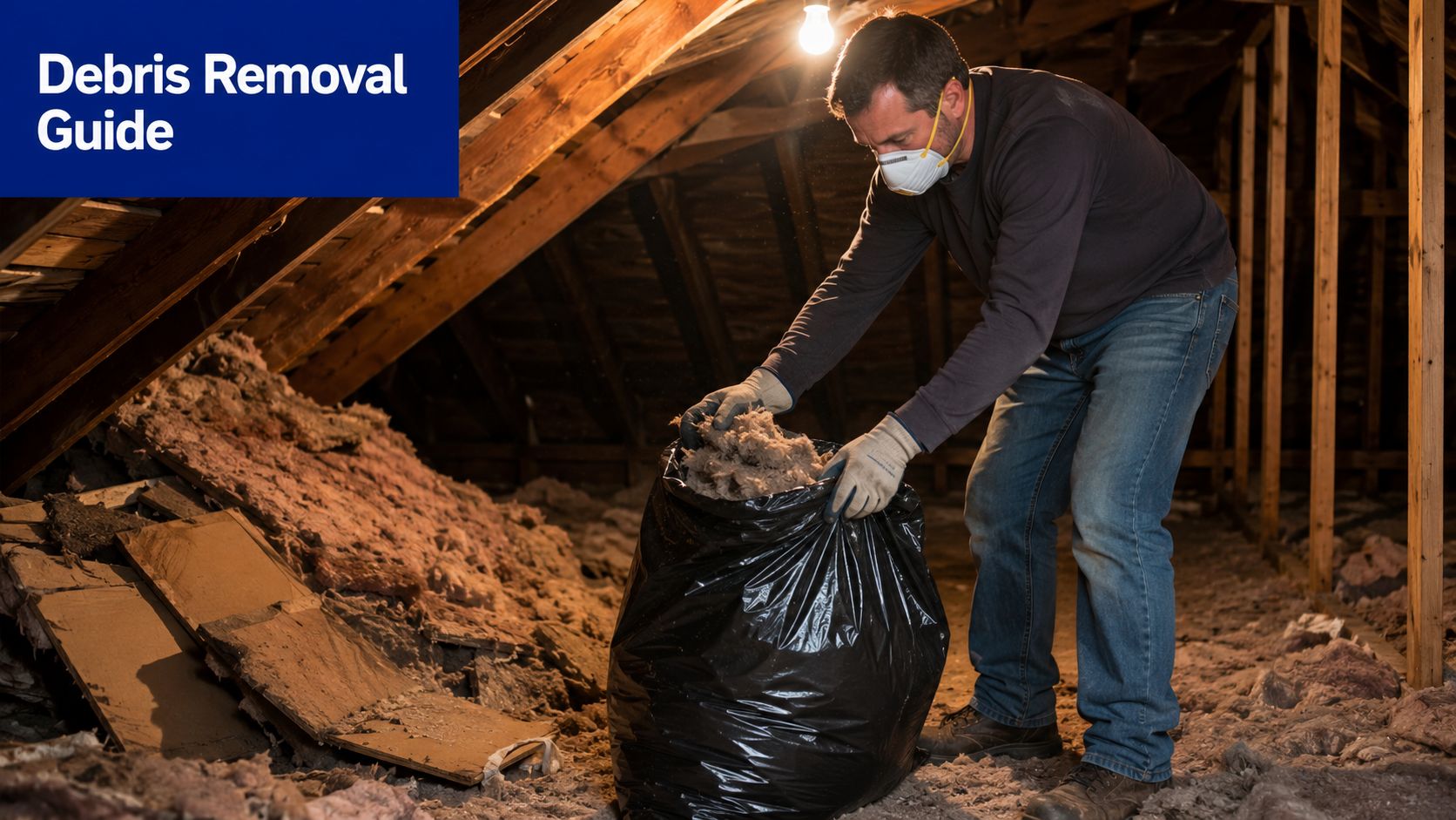 A man wearing protective gear and gloves puts old attic insulation into a large black garbage bag.