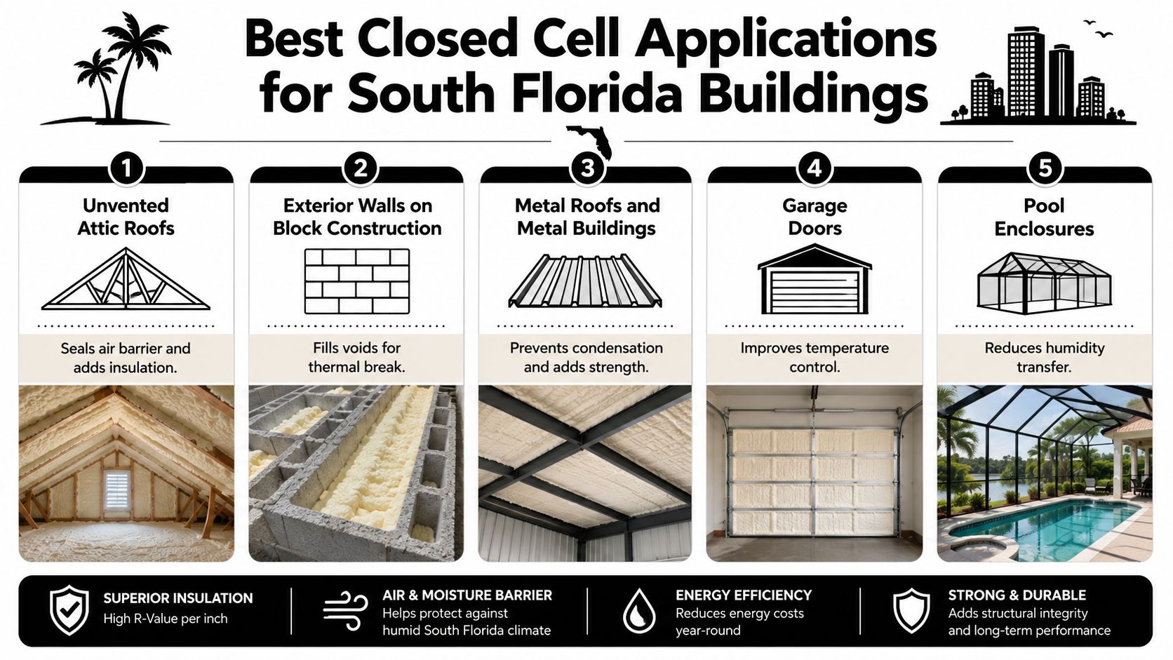 An infographic showing the five best applications for closed cell spray foam in South Florida buildings.