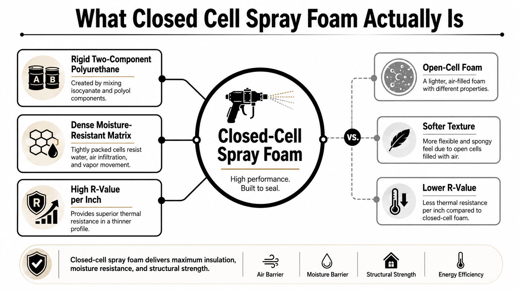 An infographic comparing the technical benefits and properties of closed-cell versus open-cell spray foam insulation.
