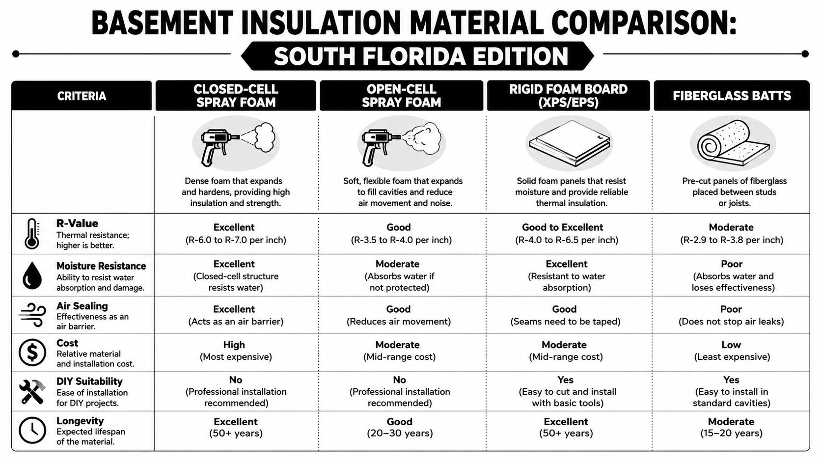 A comparison chart showing features like R-value, moisture resistance, and cost for four types of basement insulation.