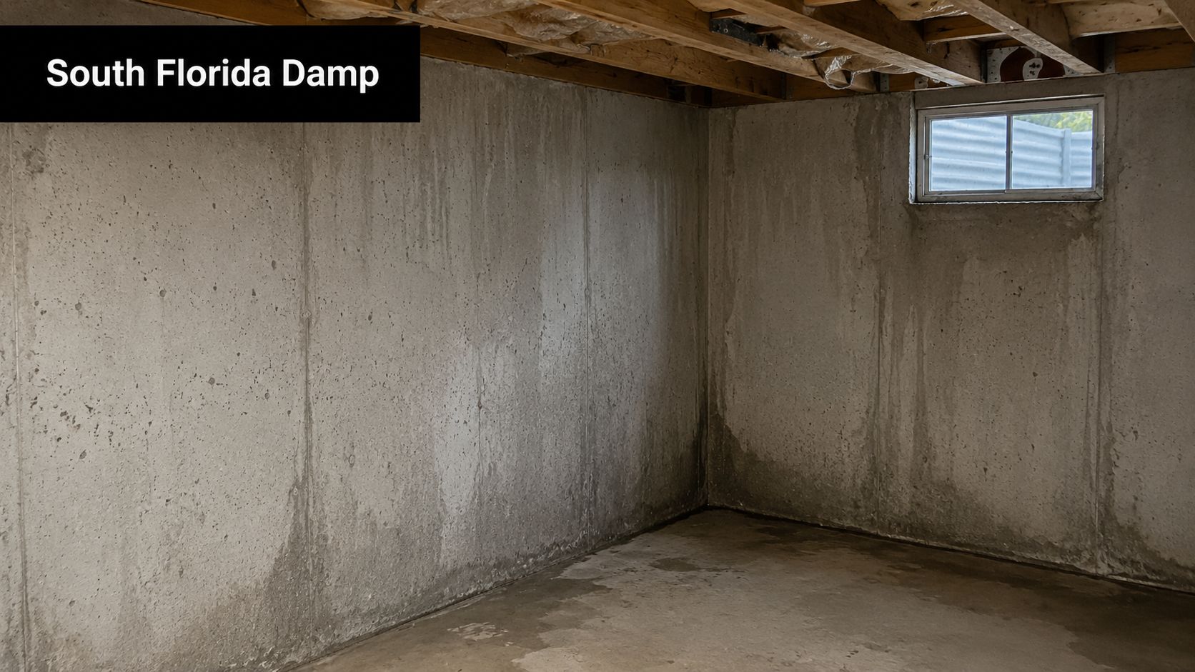 A damp concrete basement corner in South Florida showing moisture stains on the walls and floor.