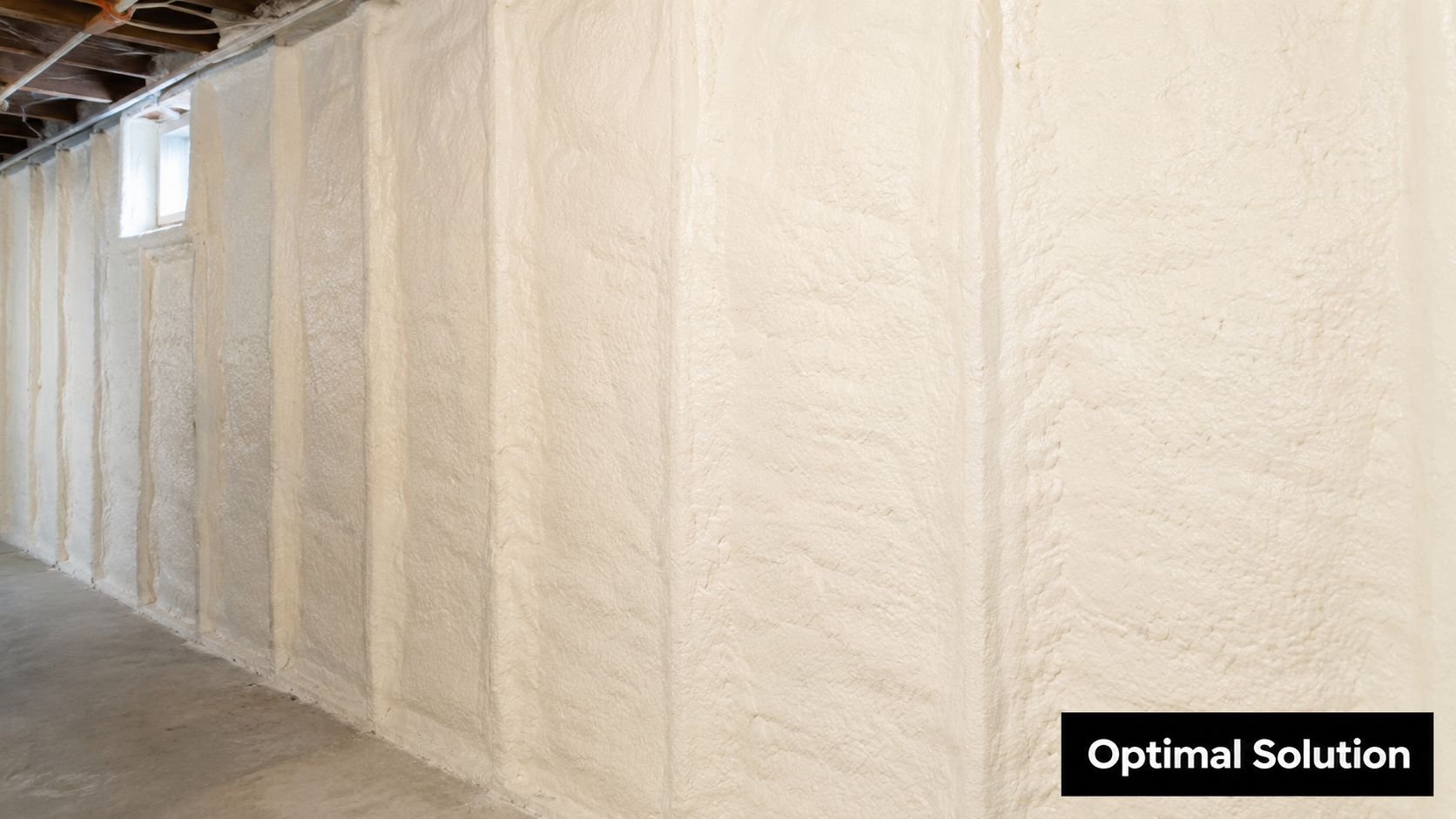 A basement wall covered in thick yellow spray foam insulation to improve home energy efficiency and temperature control.