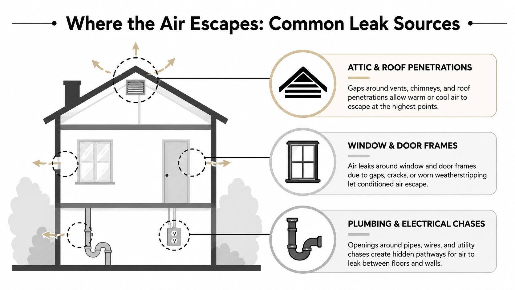 A diagram illustrating common household air leak sources like attic vents, window frames, and plumbing pipe openings.