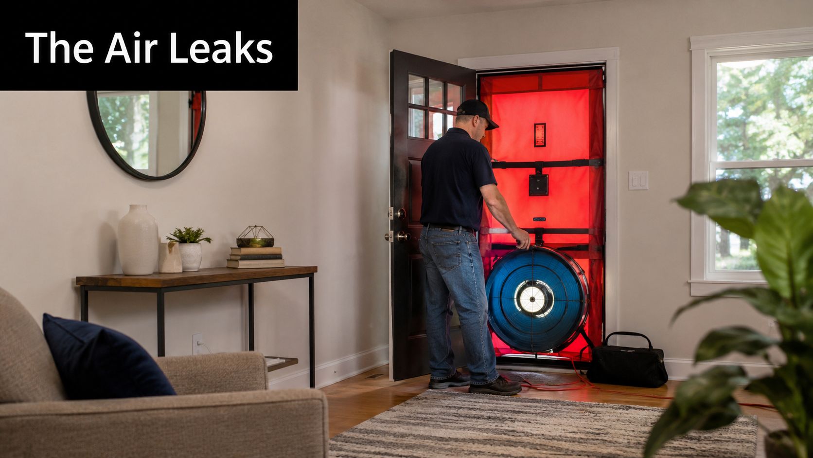 A technician performing a professional blower door test to measure air leakage in a residential home.