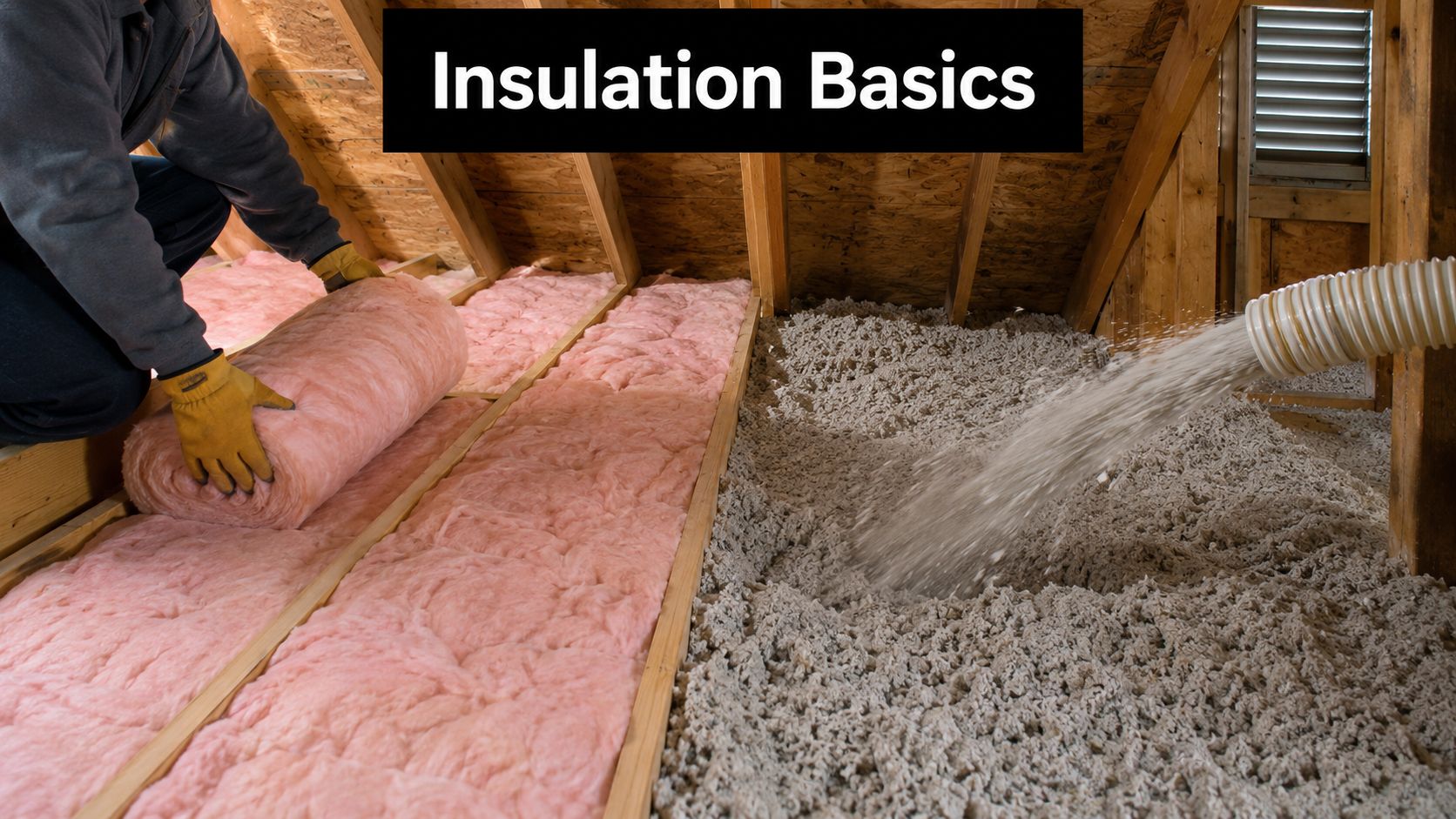 A construction worker installing pink fiberglass batt insulation while white loose-fill cellulose insulation is blown into an attic.