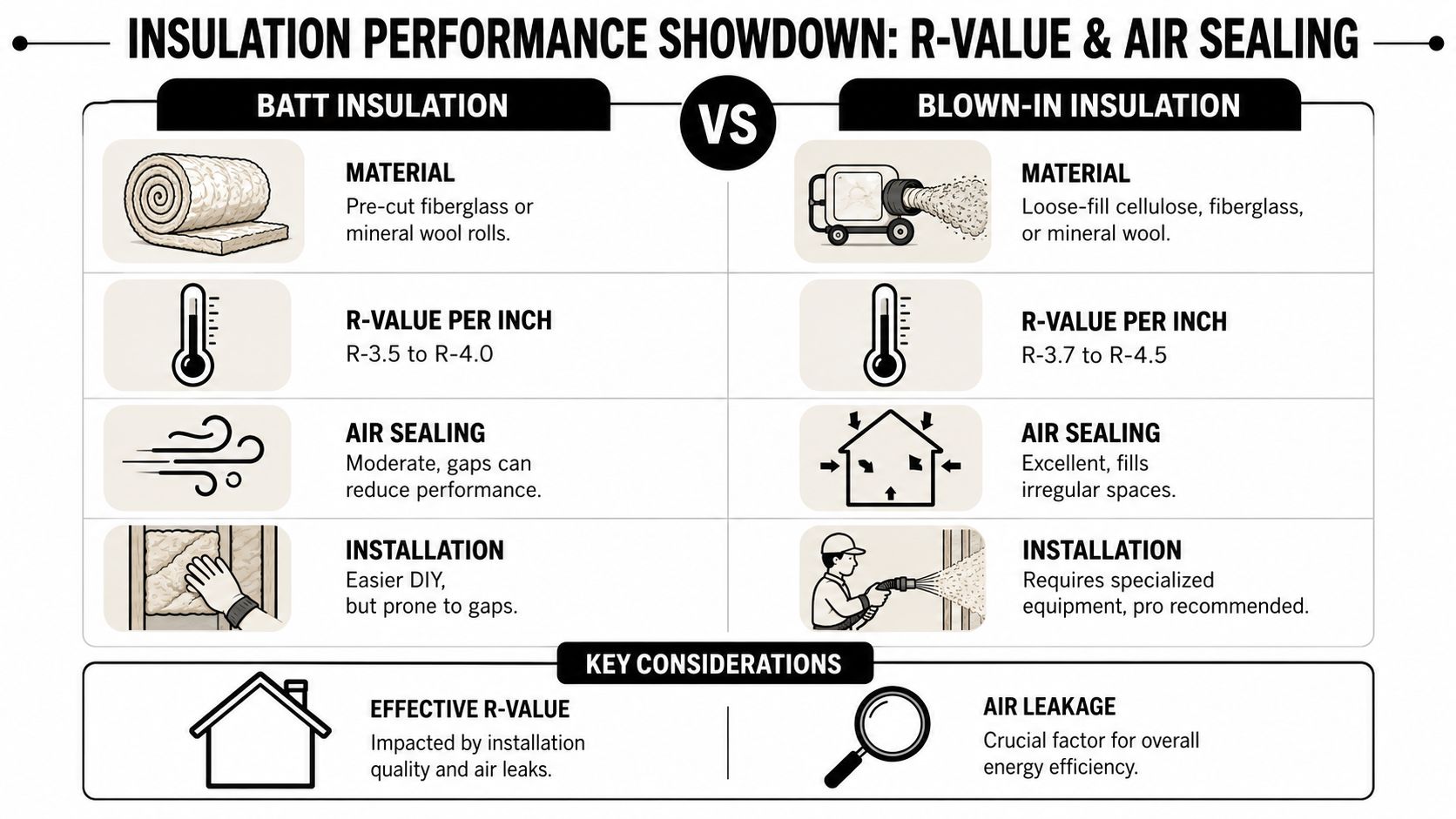 A comparison chart showing the differences between batt insulation and blown-in insulation regarding R-value and air sealing.