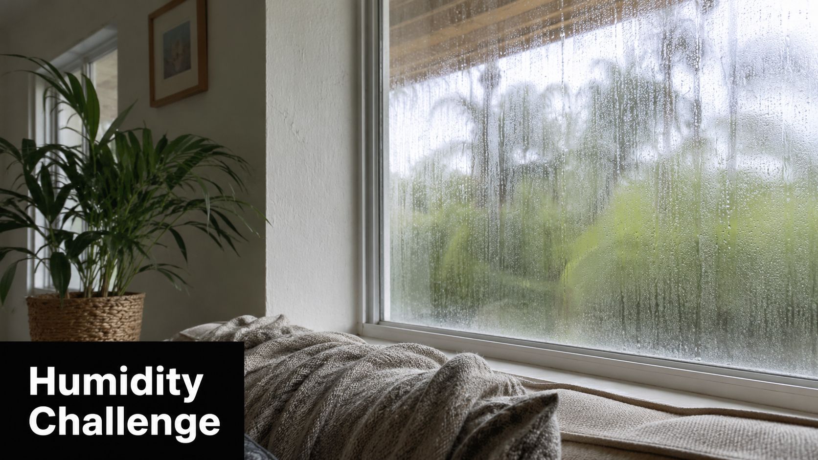 Condensation on a window pane showing signs of high humidity inside a home with a plant.