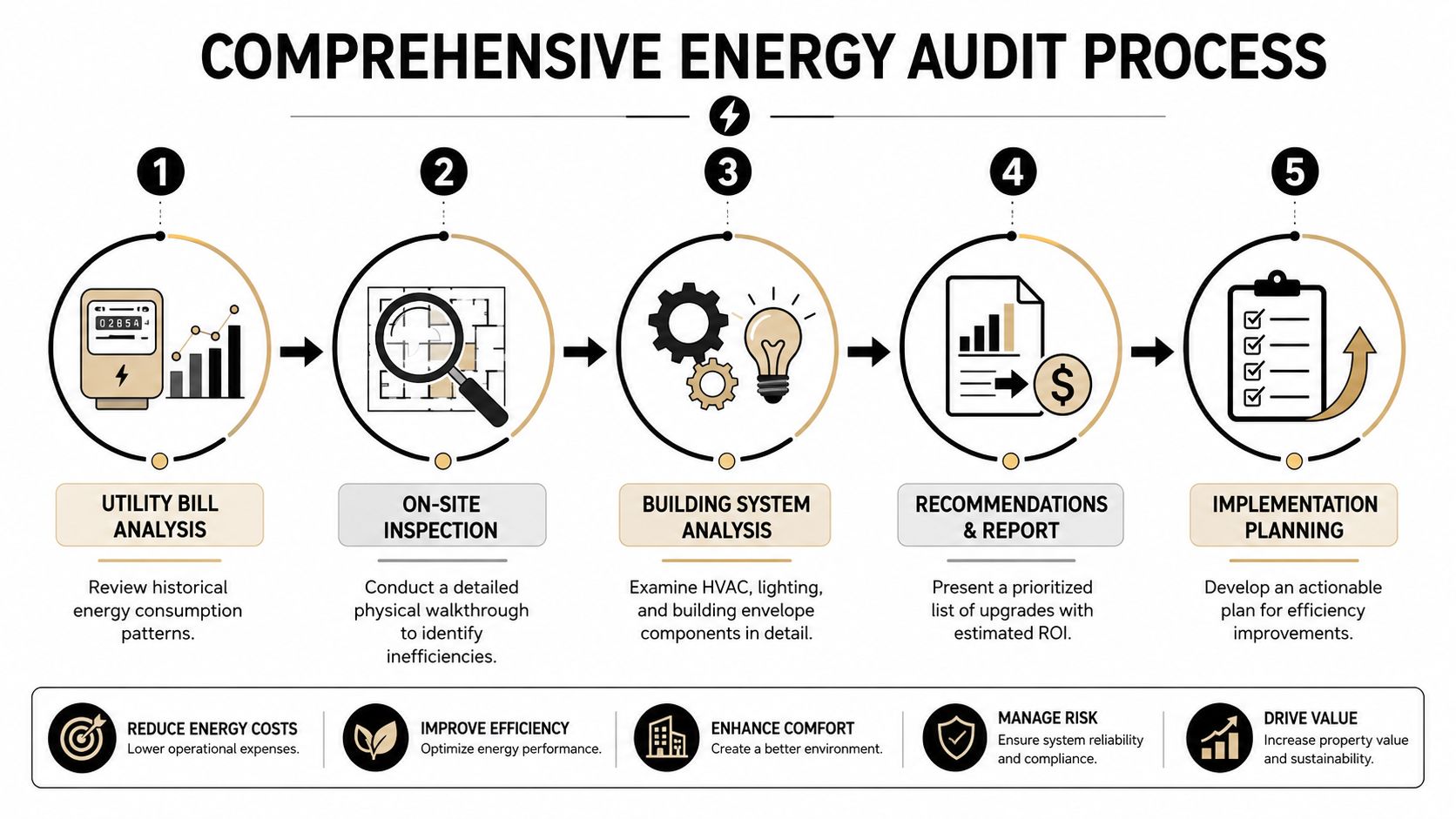 A five-step infographic showing the comprehensive commercial building energy audit process from utility analysis to implementation planning.