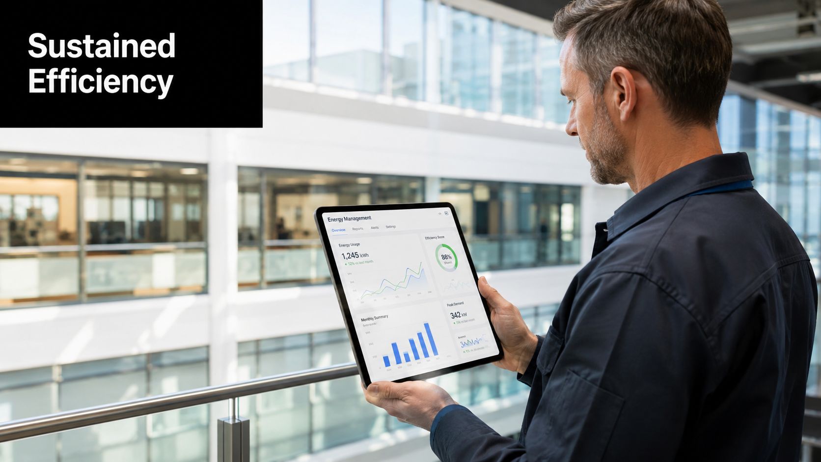 A professional examining energy management data on a tablet inside a modern commercial building office space.