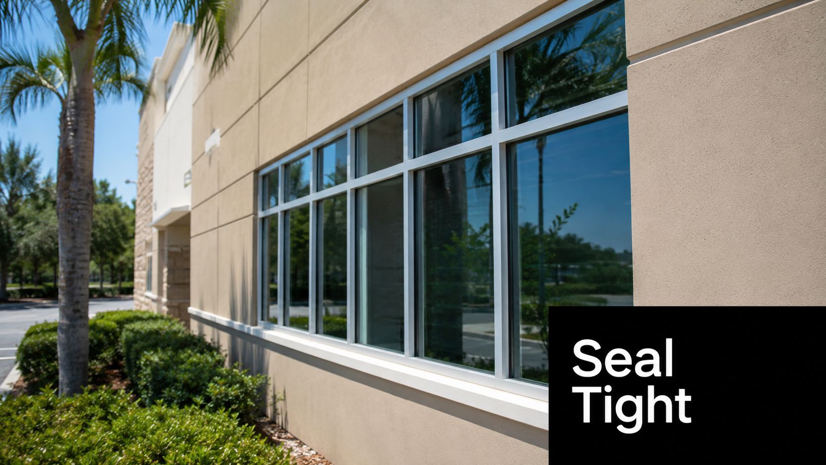A modern commercial building exterior featuring energy-efficient glass windows and clean architectural lines on a sunny day.