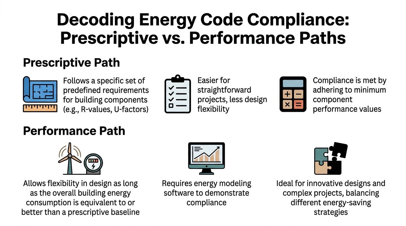 A diagram comparing Prescriptive and Performance paths for building energy code compliance, illustrating their design approaches.