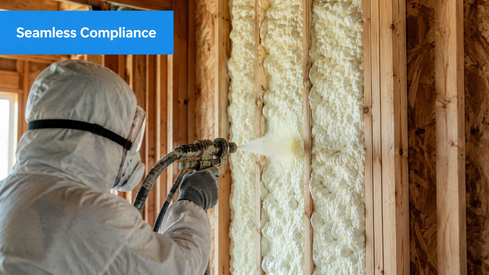 A professional construction worker wearing protective gear spraying foam insulation onto wooden wall studs during building construction.