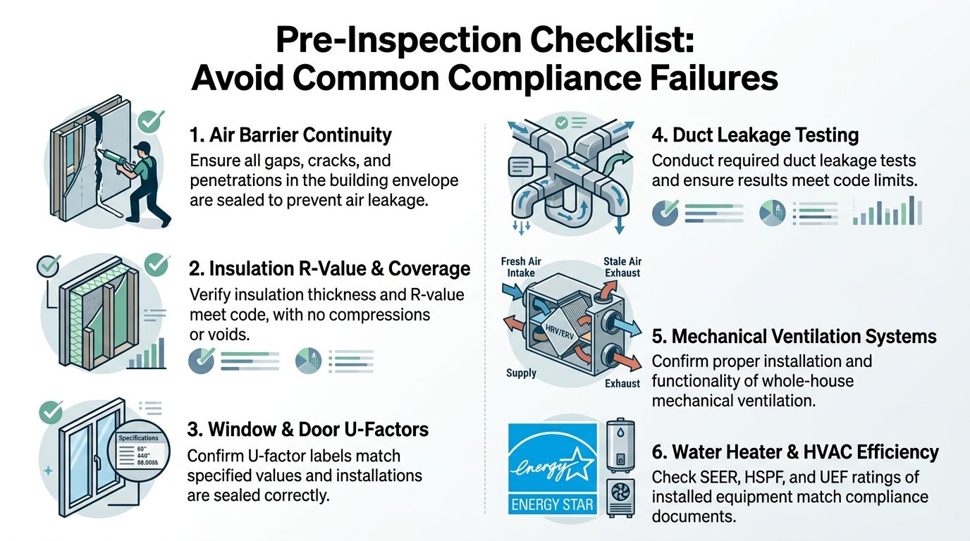 A checklist illustrating six key areas to ensure building energy code compliance during a construction inspection.