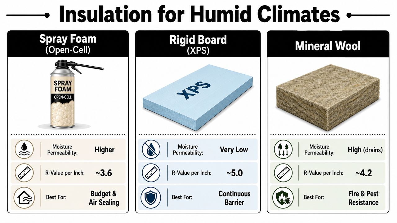 A comparison chart showing three types of insulation materials for humid climates: spray foam, rigid board, and mineral wool.