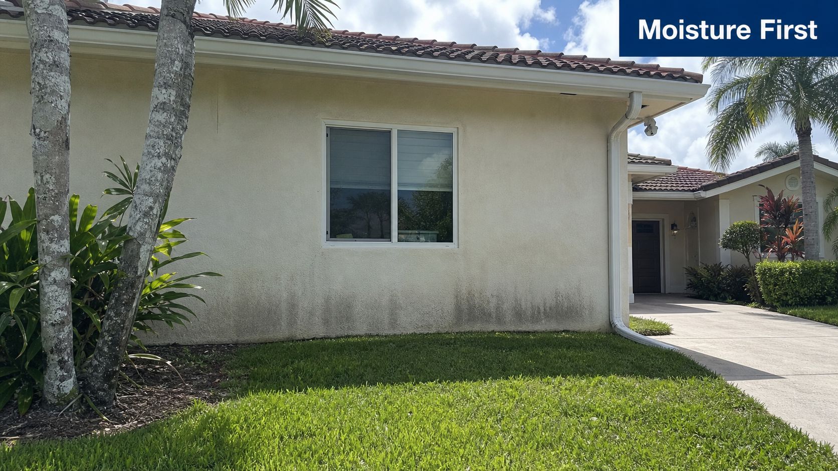 Exterior wall of a residential home showing significant mold and moisture accumulation near the foundation.