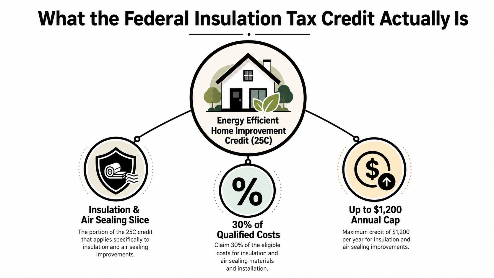 An infographic explaining the federal energy efficient home improvement tax credit for insulation and air sealing projects.
