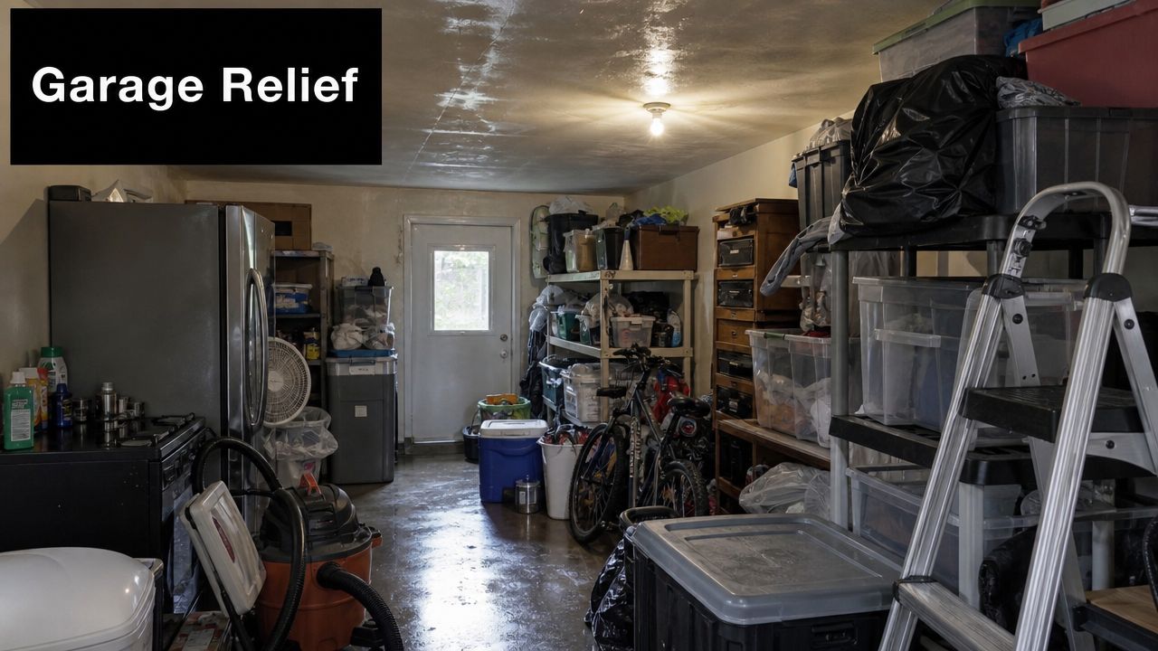 A cluttered residential garage filled with storage bins, a bicycle, a refrigerator, and various household cleaning items.