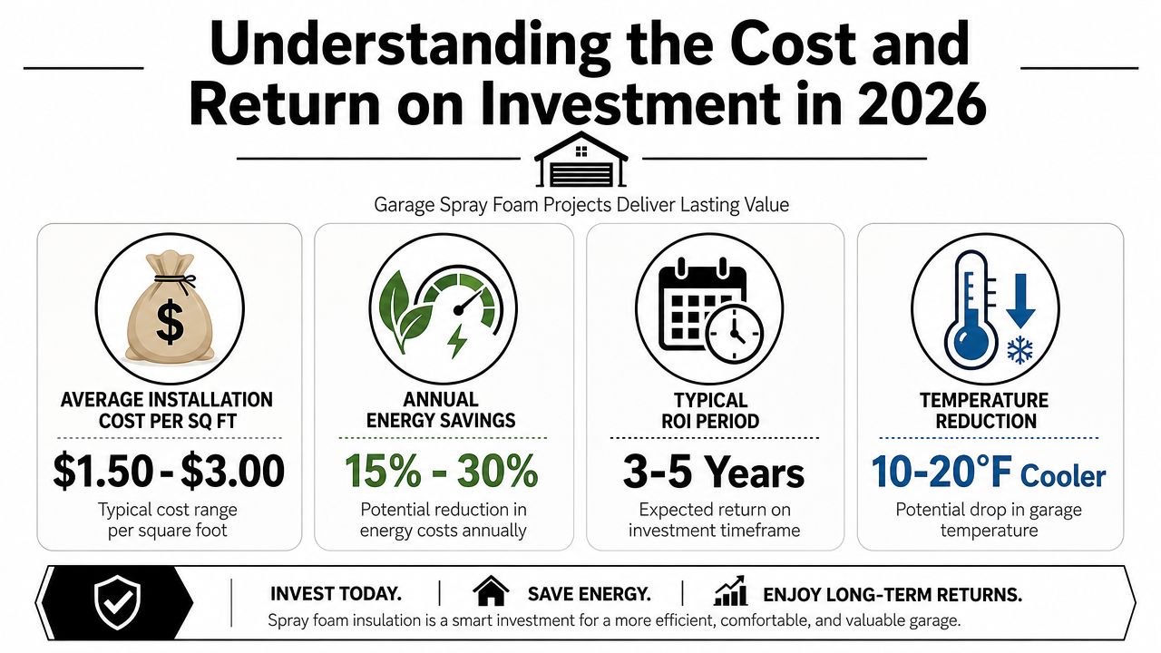 An infographic showing the financial and comfort benefits of garage spray foam insulation in 2026.
