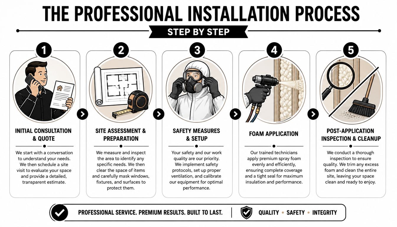 A five-step professional spray foam installation process graphic showing consultation, site assessment, safety, application, and cleanup.