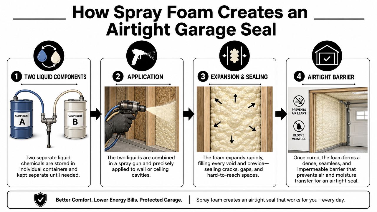 An infographic illustrating the four-step process of using spray foam to create an airtight garage insulation barrier.