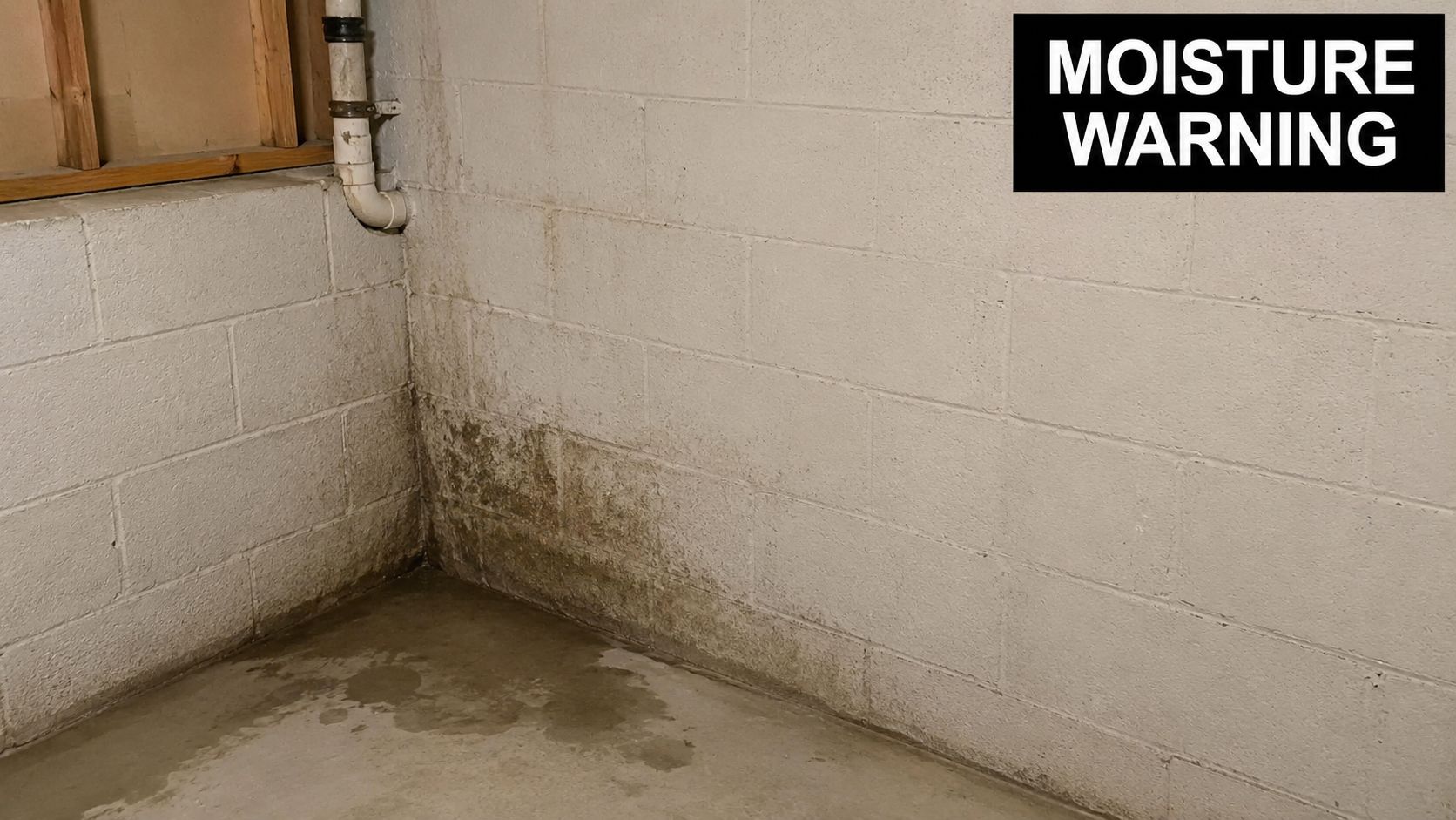 A damp concrete basement corner shows significant moisture damage, water staining, and potential mold growth on walls.