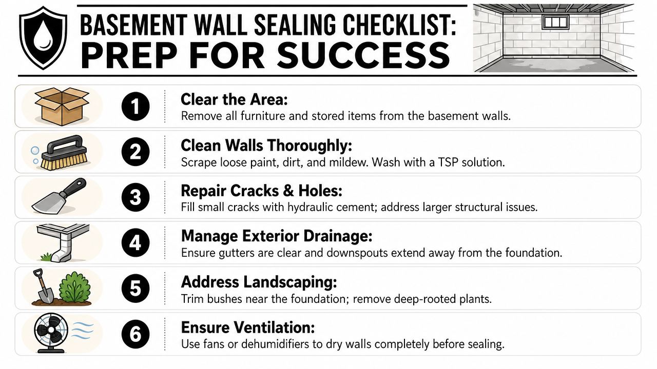 A six-step checklist titled Basement Wall Sealing Checklist showing prep steps for sealing foundation walls.