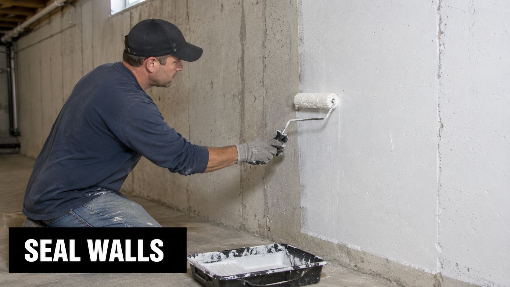 A construction worker wearing a cap and gloves applying white sealant to a concrete basement wall