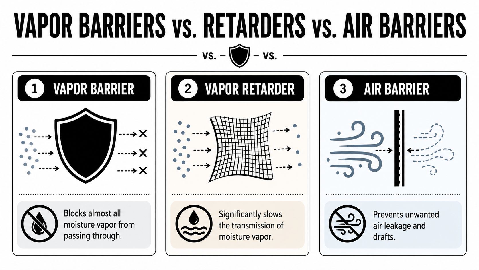 An infographic illustrating the functional differences between vapor barriers, vapor retarders, and air barriers in construction.